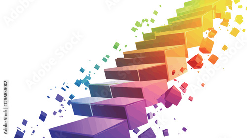 The image is a digital illustration depicting a vibrant, abstract staircase composed of colorful, cubic steps.  The steps transition smoothly through a rainbow gradient, from purple at the bottom