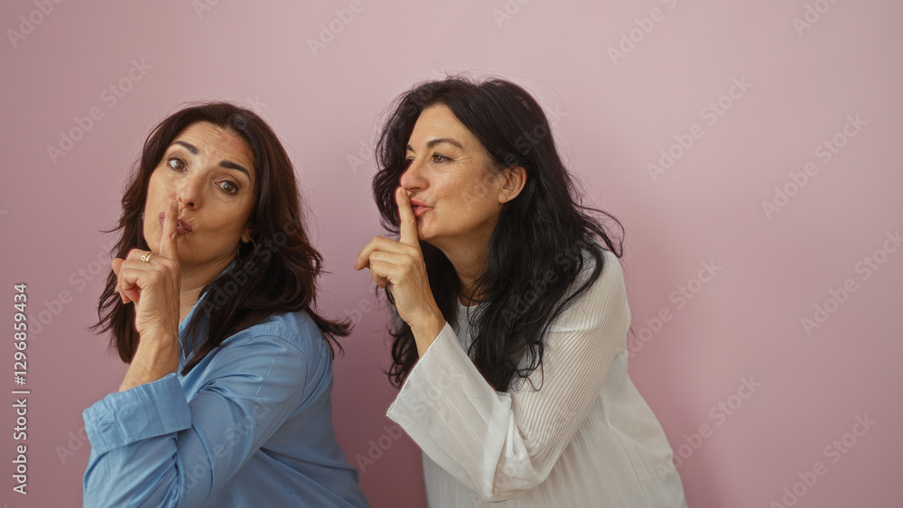 Two mature women share a secret, smiling with finger on lips against a pink wall, showcasing friendship and playful togetherness in a relaxed moment. Two mature women share a secret, smiling with finger on lips against a pink wall, showcasing friendship and playful togetherness in a relaxed moment.