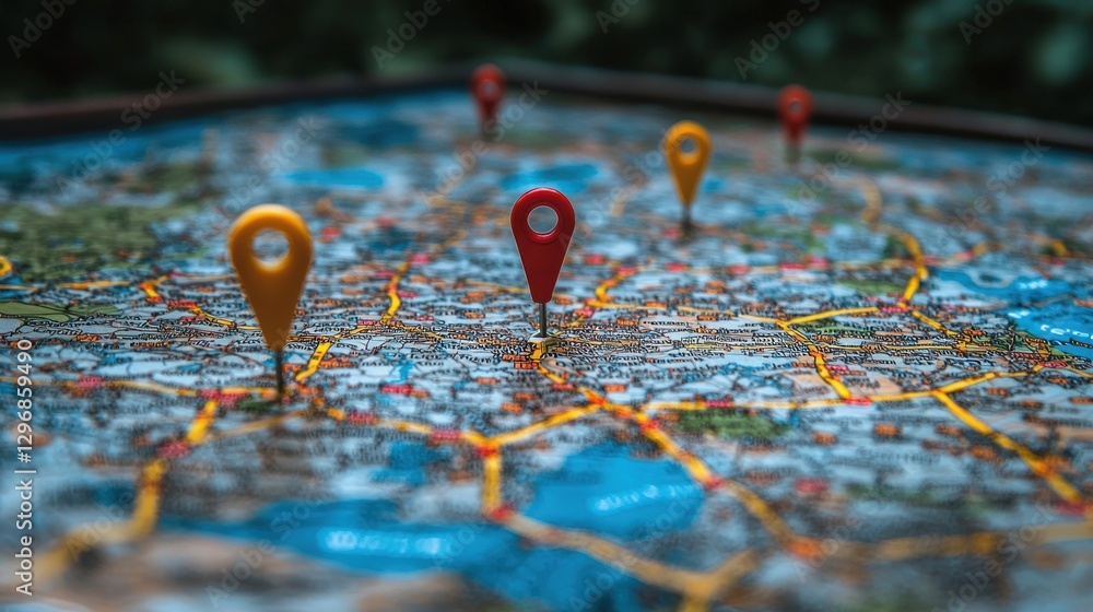 Close-up of colorful location pins on a detailed city map, illustrating travel planning or route navigation. Close-up of colorful location pins on a detailed city map, illustrating travel planning or route navigation.
