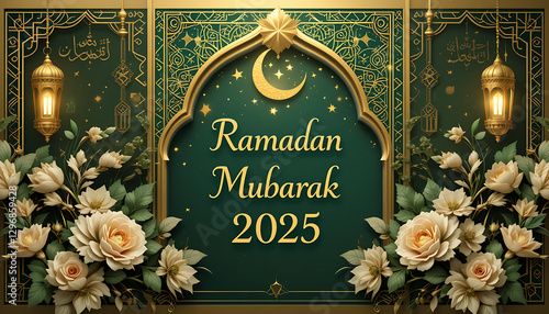 Elegant Ramadan Mubarak 2025 Greeting Card with Golden Islamic Art and Floral Decorations
