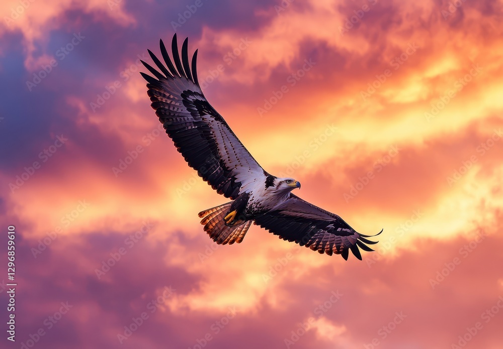 Fototapeta premium Majestic eagle soaring against a vibrant sunset sky filled with clouds in shades of orange, pink, and purple creating a stunning natural scene