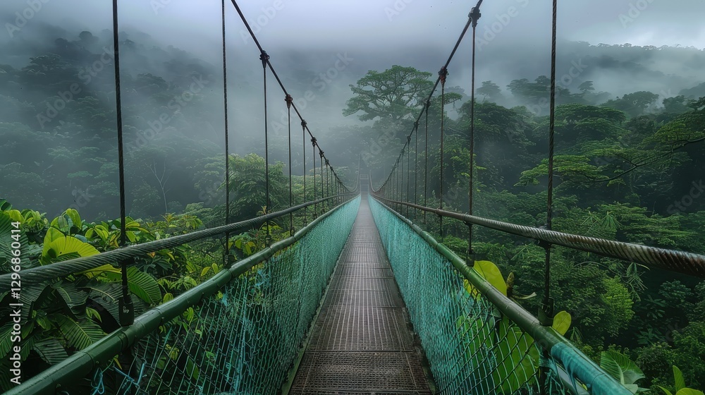 Obraz premium Serene Suspension Bridge Across Lush Green Jungle Canopy Under Misty Atmosphere