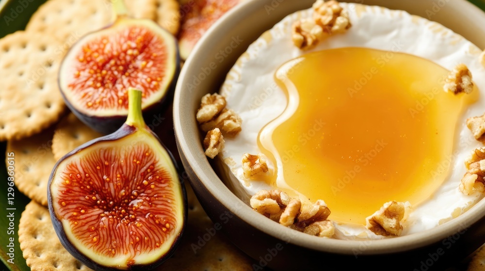 Creamy cheese topped with honey, nuts, and fresh figs, surrounde Creamy cheese topped with honey, nuts, and fresh figs, surrounde
