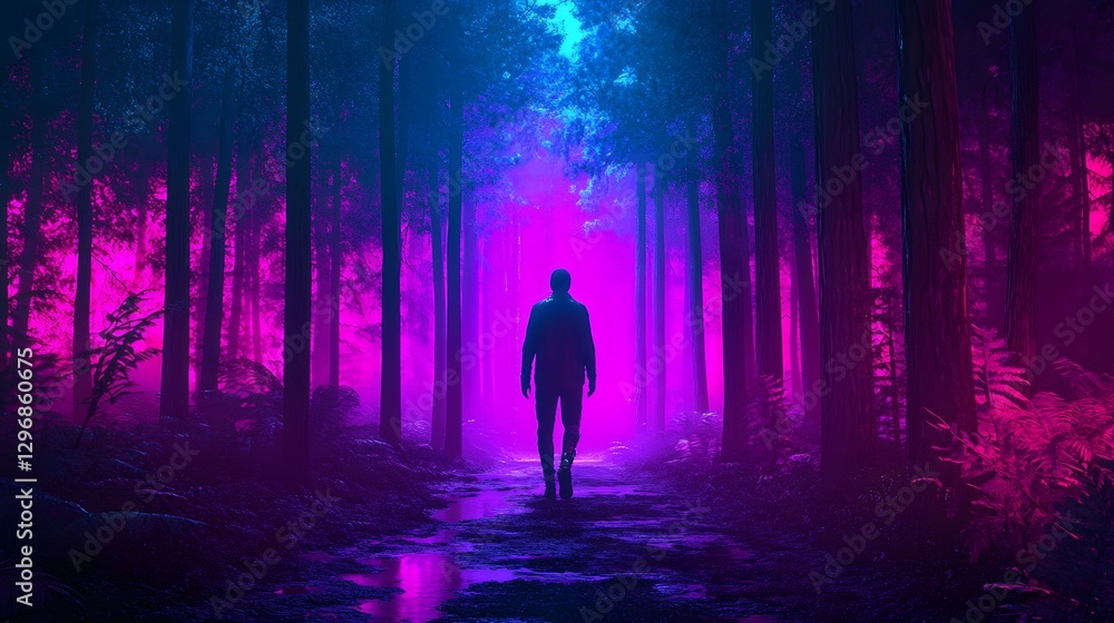 Mysterious Man Walking Through Neon Pink and Blue Forest Path at Night Mysterious Man Walking Through Neon Pink and Blue Forest Path at Night
