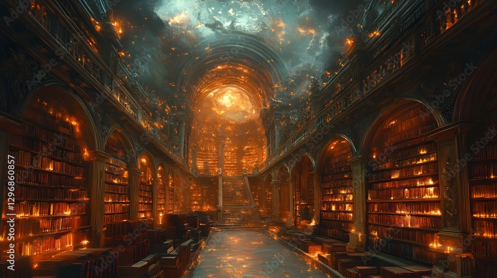 Obraz premium Fantastical Library with Floating Books and Glowing Shelves in Otherworldly Space – Generative AI
