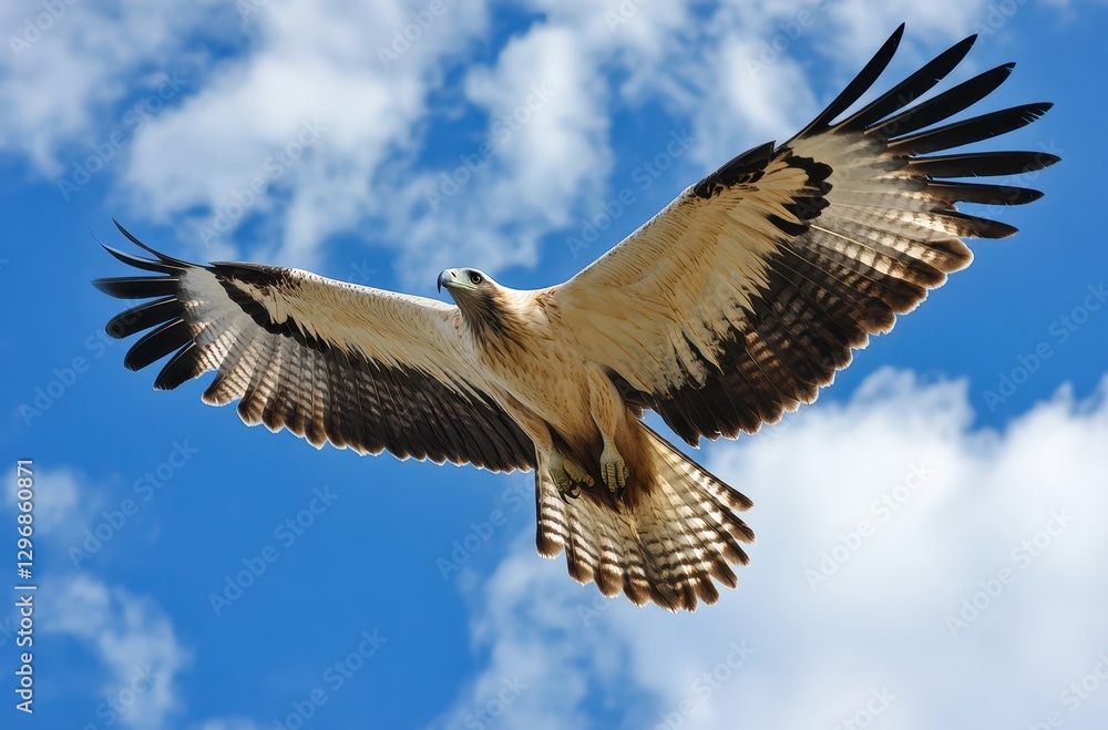 Fototapeta premium Majestic Eagle Soaring Through Bright Blue Sky with Fluffy White Clouds, Capturing Freedom and Grace in Nature's Splendor and Awe-Inspiring Beauty