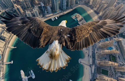 Wallpaper Mural Majestic Eagle Soaring Over Stunning Cityscape of Dubai, Capturing Nature's Beauty and Urban Architecture in One Breathtaking View Torontodigital.ca