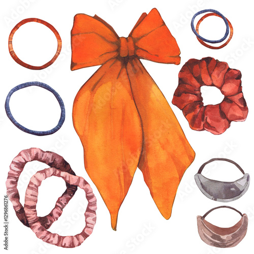Watercolor illustrations of hairpins and hair items. Hand-drawn set of isolated clip art on a white background. Bright and stylish pictures of realistic hairpins and hair care devices for textiles