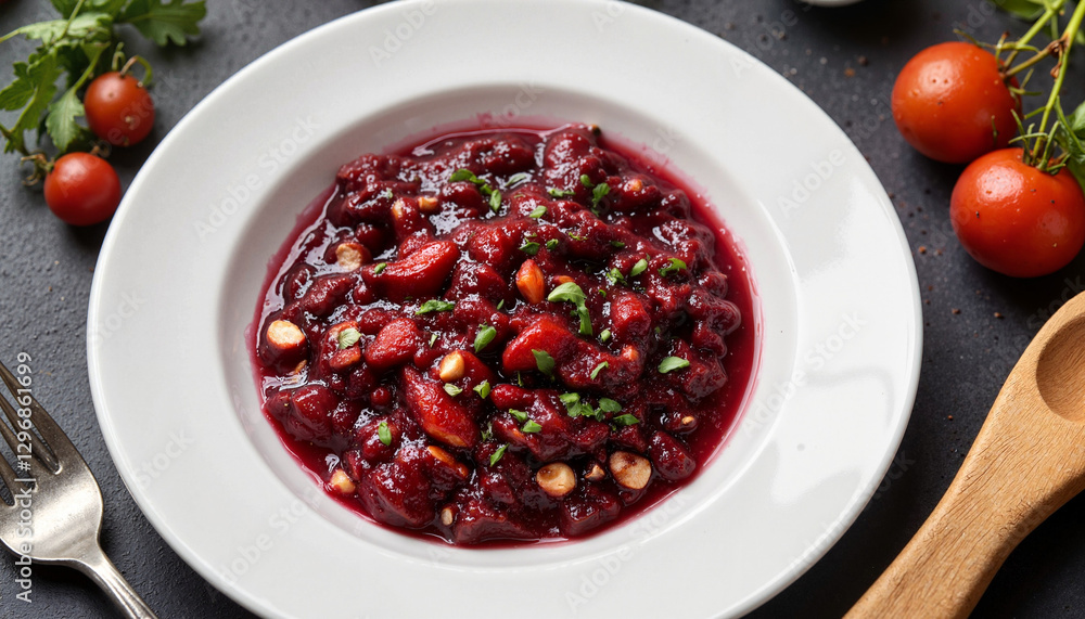 Lingonberry sauce rich texture in modern kitchen, culinary delight Lingonberry sauce rich texture in modern kitchen, culinary delight
