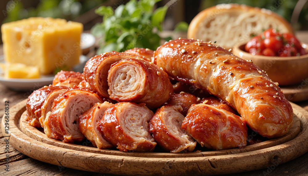 Lukanka sausage whole and sliced on rustic platter, picnic delight Lukanka sausage whole and sliced on rustic platter, picnic delight