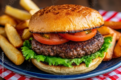 A vegan black bean burger topped with avocado, lettuce, and a toasted bun