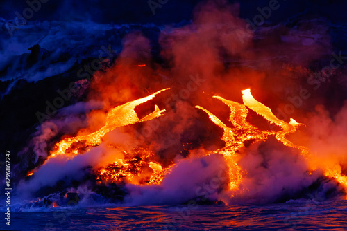 Lava flowing from a volcanic eruption in  Galapagos Islands