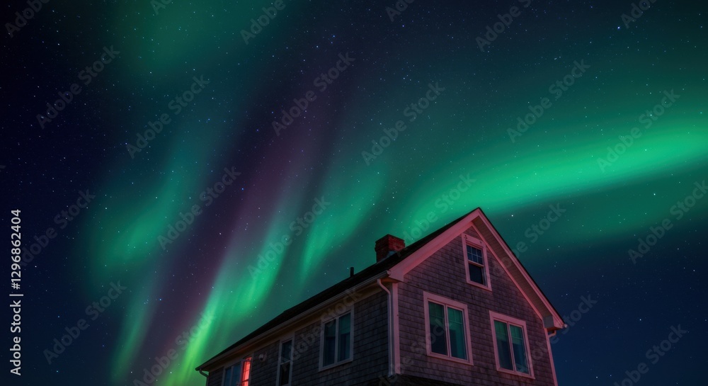 Fototapeta premium A serene night scene featuring a house under the mesmerizing aurora borealis in a tranquil setting - cape cod home