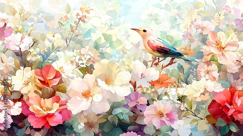 Seamless floral watercolor, Classic 2D floral print with a vintage botanical twist, elegant color palette, fine artistic details, hand-drawn effects.