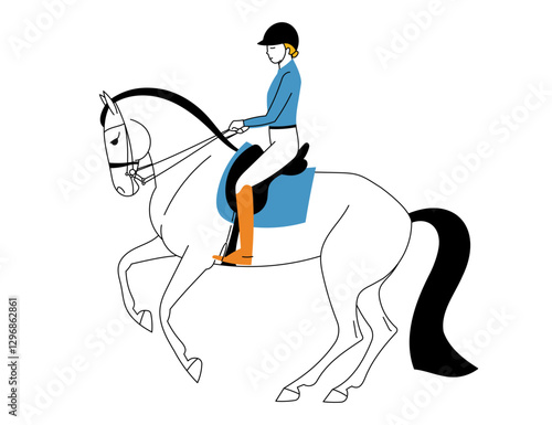 Equestrian rider in a helmet and boots riding a prancing horse in a minimalist line art style