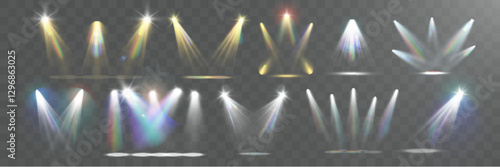 Realistic white and colorful spotlights with beams, reflections, and stage lighting effects on transparent background	