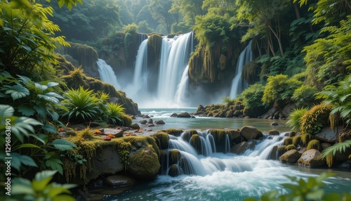 Serene Waterfall Cascading Through Lush Tropical Rainforest Paradise Tranquil Nature Scene