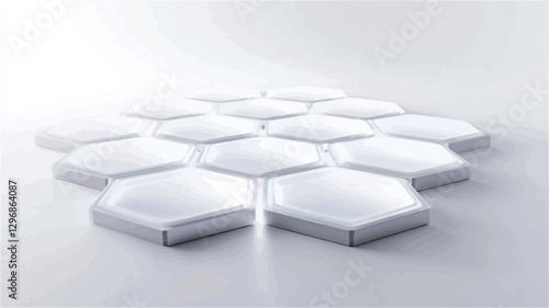 The image shows a collection of white hexagonal shapes arranged in a honeycomb pattern on a white background. The hexagons are three-dimensional, with subtle shading and highlights suggesting depth