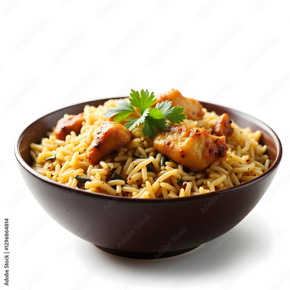 A bowl of biryani with chicken pieces A bowl of biryani with chicken pieces