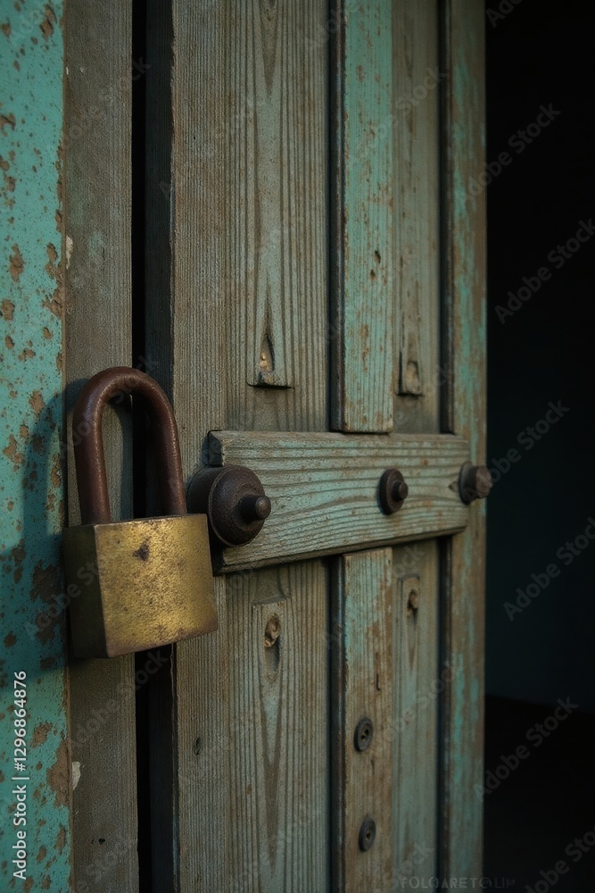 A weathered teal wooden door secured with an aged brass padlock, hinting at forgotten stories and untold secrets within A weathered teal wooden door secured with an aged brass padlock, hinting at forgotten stories and untold secrets within