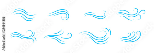 Eight blue wave symbols showing motion and elegance with curvy lines on a clean surface.