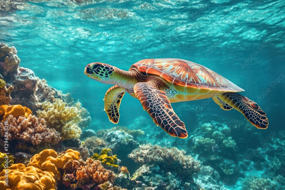 Fototapeta premium A beautiful sea turtle swimming in the vibrant underwater environment