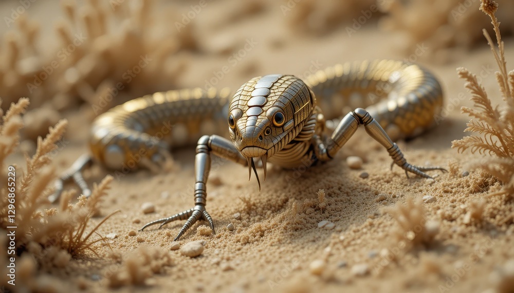 Robotic Lizard in Desert Setting Artistic 3D Render Gold Silver Metal Reptile Robotic Lizard in Desert Setting Artistic 3D Render Gold Silver Metal Reptile