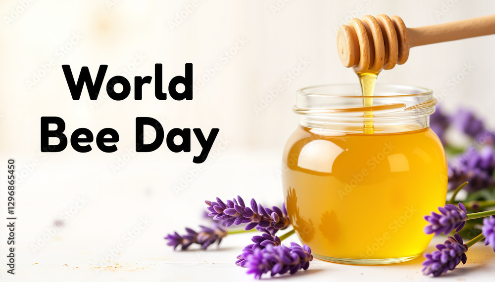 Honey jar with lavender flowers for World Bee Day Honey jar with lavender flowers for World Bee Day