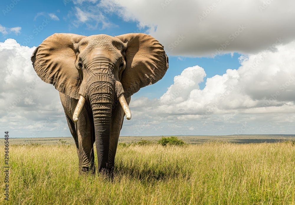 Naklejka premium Majestic Elephant Stands Proudly in Open Grassland Under Bright Sky with Fluffy Clouds in Natural Habitat