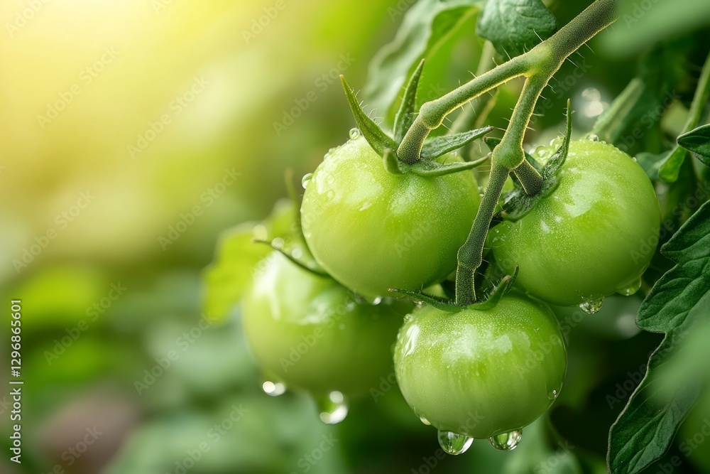 A vine of green tomatoes beginning to ripen under the warm summer sun A vine of green tomatoes beginning to ripen under the warm summer sun