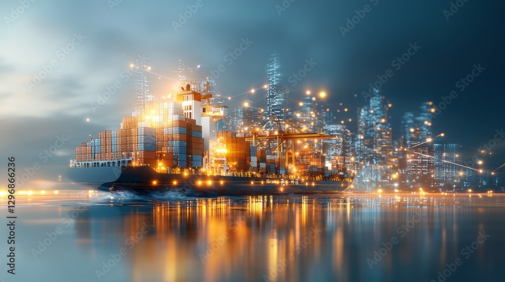 Fototapeta premium Massive container ship navigates urban waterfront at dusk stunning maritime scene industrial environment dynamic cityscape viewpoint transportation and trade concept
