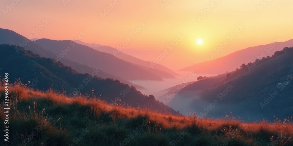 Obraz premium Serene Sunrise Over Misty Mountain Valley, Illuminating Rolling Hills with Golden Light