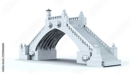 A three-dimensional rendering of a bridge model. The model is presented in monochrome white against a pure white background. The bridge is depicted from a slightly elevated angle, showcasing its