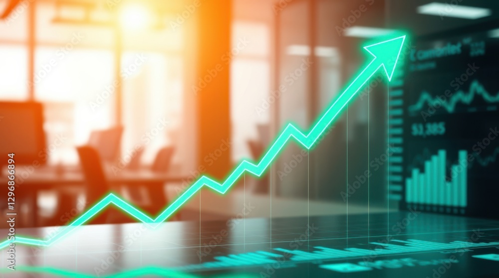 Financial growth concept with an upward trending graph indicating success and positive market performance. Financial growth concept with an upward trending graph indicating success and positive market performance.