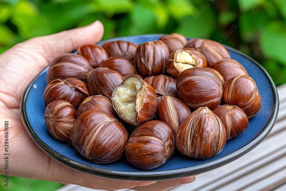 A warm plate of freshly roasted chestnuts being cracked open A warm plate of freshly roasted chestnuts being cracked open