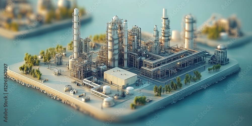 Obraz premium Industrial complex with tall structures, pipelines, and storage tanks on an island surrounded by water
