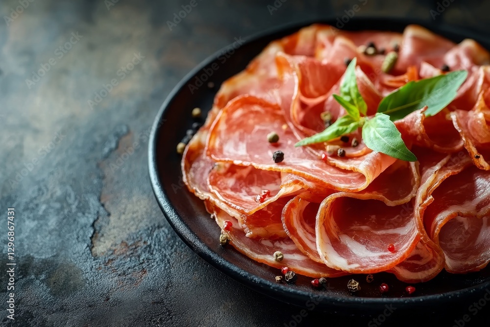 Savory stack of sliced bacon, ham, and salami on dark plate against rustic wooden background Savory stack of sliced bacon, ham, and salami on dark plate against rustic wooden background