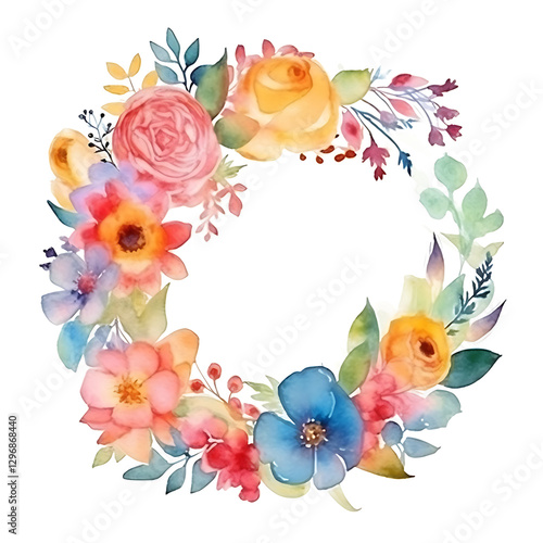 circle Watercolor Flower wreath on white and transparent background, illustration AI generative. photo