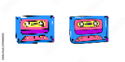 Two retro audio tapes feature vibrant colors and distinctive patterns, evoking a sense of nostalgia.