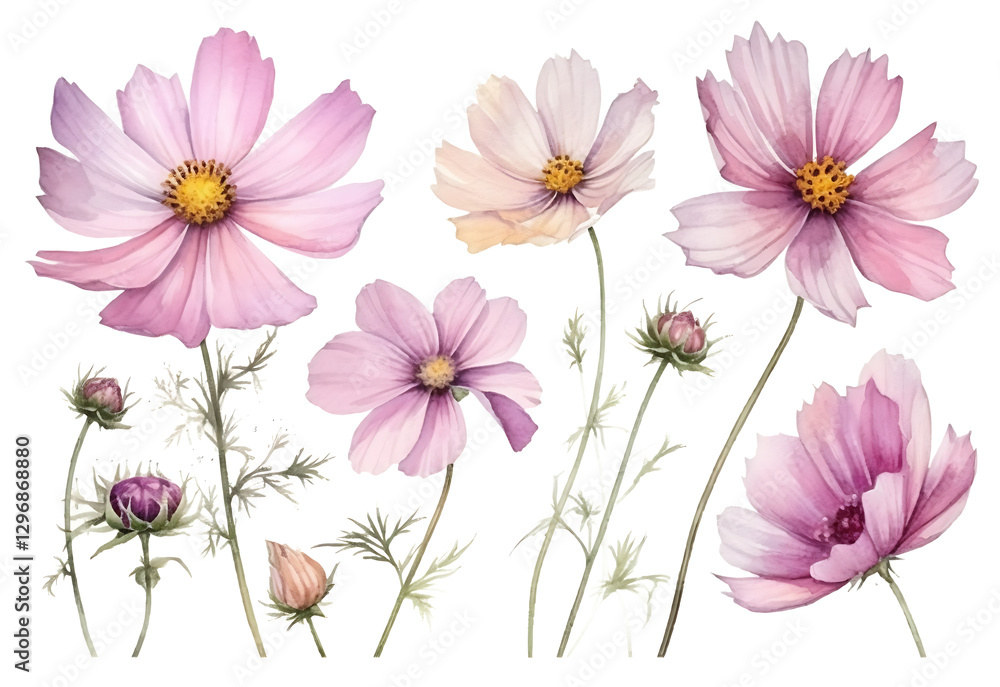 a collection of soft pink watercolor cosmos flowers on white and transparent background, illustration AI generative. a collection of soft pink watercolor cosmos flowers on white and transparent background, illustration AI generative.