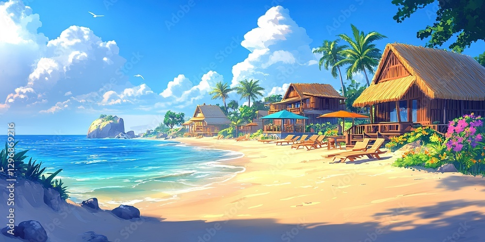 Naklejka premium Tropical beach resort with palm trees, colorful umbrellas, and beach chairs under a clear sky