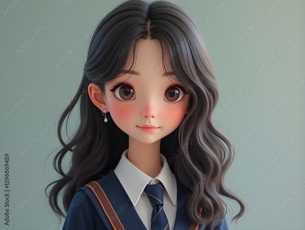 AI generated a young chinese high school student girl with wavy hair in a school uniform posing for a photo AI generated a young chinese high school student girl with wavy hair in a school uniform posing for a photo