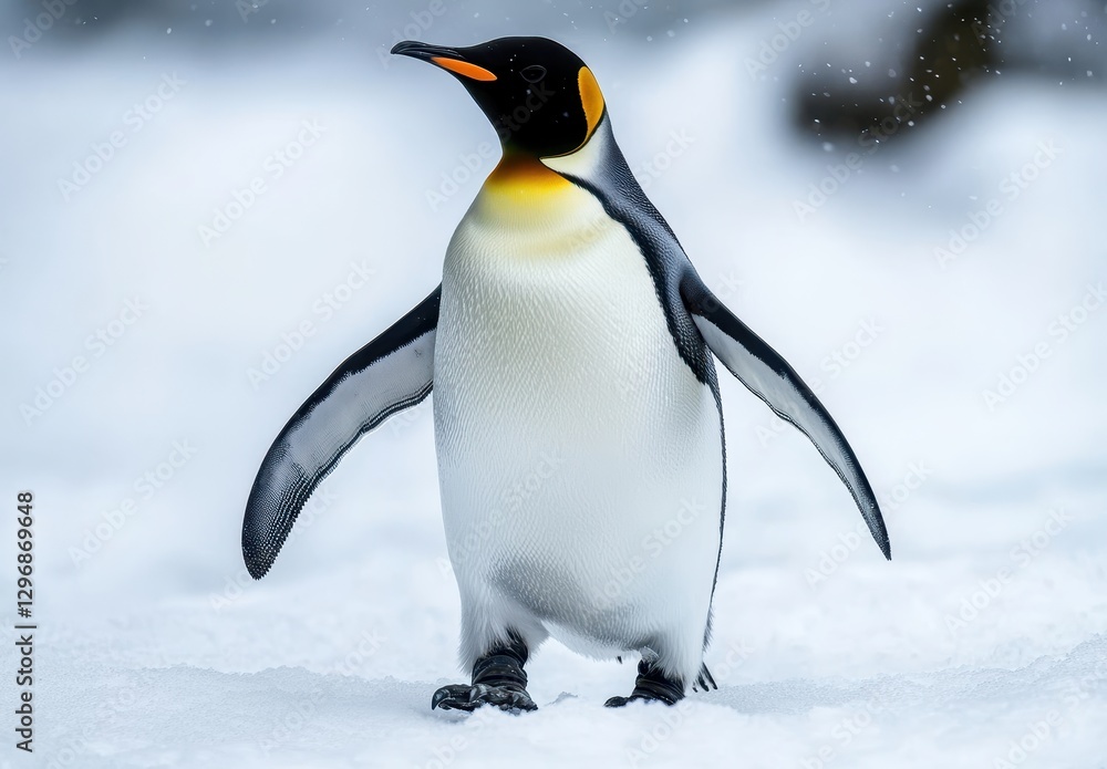 Fototapeta premium Majestic Emperor Penguin Standing Proudly on Snowy Landscape with Winter Wonderland Background and Gentle Snowfall, Capturing the Beauty of Nature