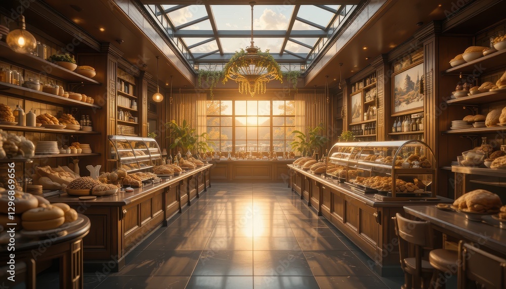 Sunlit Bakery Interior with Delicious Breads and Pastries Displayed on Wooden Shelves Sunlit Bakery Interior with Delicious Breads and Pastries Displayed on Wooden Shelves