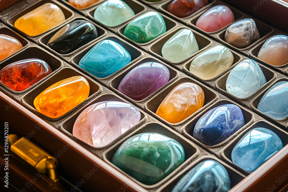 Closeup shot of healing mineral crystal stones in a box Closeup shot of healing mineral crystal stones in a box