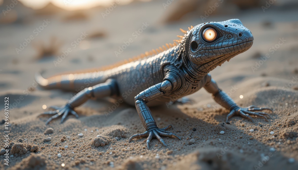 Futuristic Robotic Lizard on Sandy Desert at Sunset Mechanical Reptile in arid landscape Sci fi concept Futuristic Robotic Lizard on Sandy Desert at Sunset Mechanical Reptile in arid landscape Sci fi concept