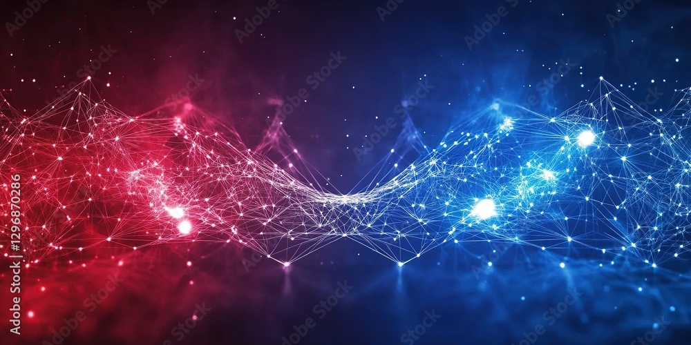Network of interconnected lines and dots creating a vibrant abstract representation of technology and connectivity in red and blue hues Network of interconnected lines and dots creating a vibrant abstract representation of technology and connectivity in red and blue hues