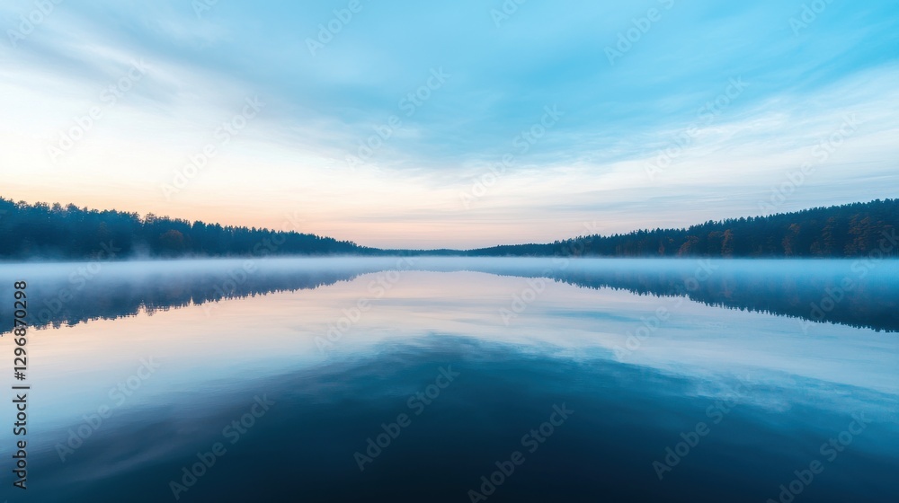 Obraz premium A serene lake reflecting the sky at dawn, surrounded by trees, creating a tranquil and picturesque landscape.