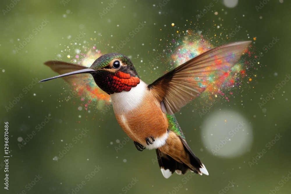 Naklejka premium Vibrant hummingbird in flight, showcasing iridescent feathers an