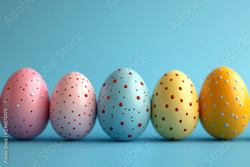 Minimalist Easter background with pastel-colored speckled eggs on soft gradient backdrop, festive holiday mockup, generative AI photo